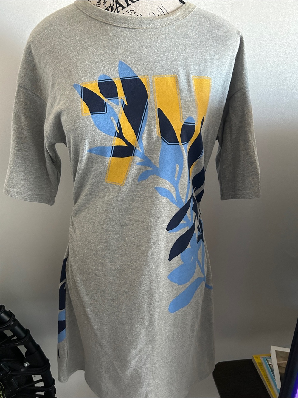 Anthropologie Gray Midi Dress with Blue and Yellow Leaf Print